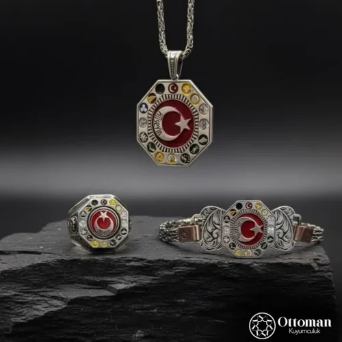 1-12-1.webp Kişiye Özel İsimli Üçlü Türk Devleti Gümüş Erkek Takı Set