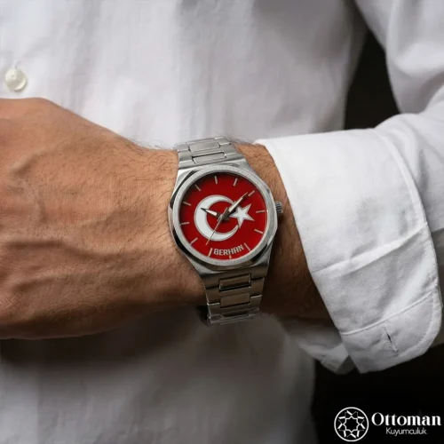 Ay Yıldızlı ve İsimli Gümüş Kadranlı Kol Saati