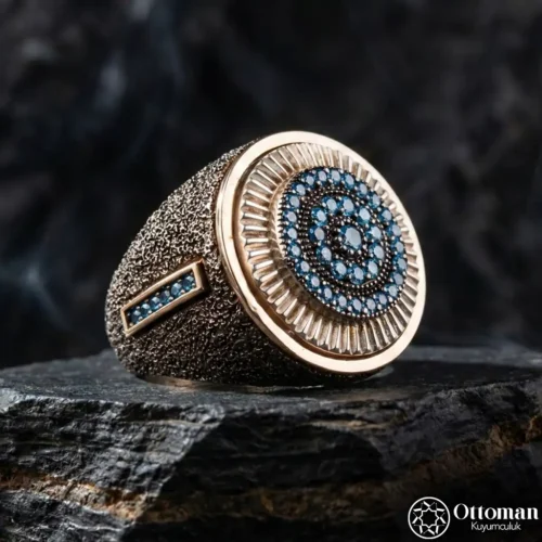 2-109.webp Dokulu Blue Topaz Taşlı Gümüş Erkek Yüzük