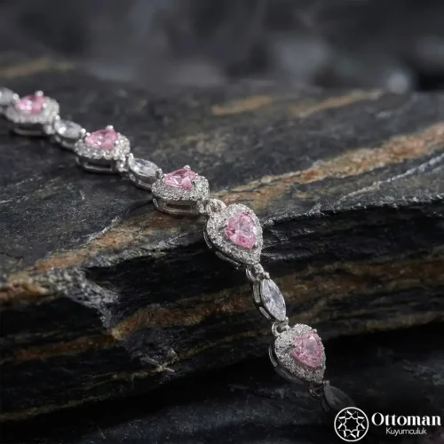 Pembe Taşlı Vintage Stil Gümüş Kadın Bileklik