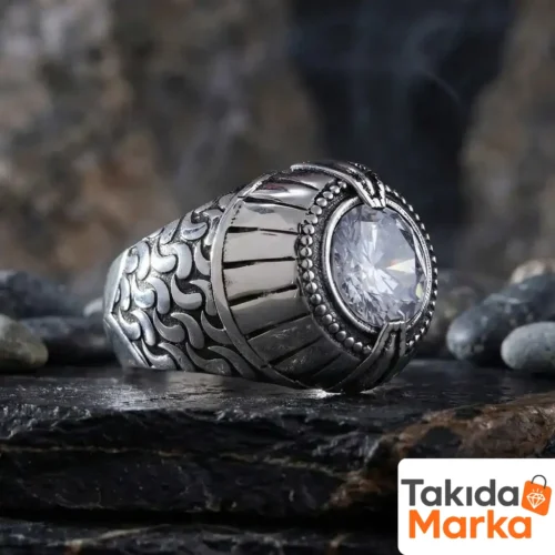 Özel Tasarım Beyaz Zirkon Taşlı Gümüş Erkek Yüzük