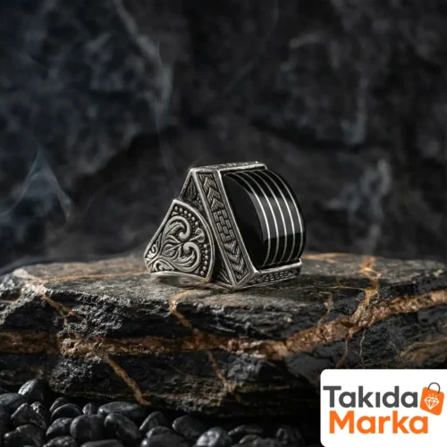 Kehribar Taşlı Yarma Gümüş Erkek Yüzük