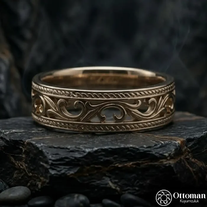 Rumi Motifli Gold Kaplama Gümüş Yüzük