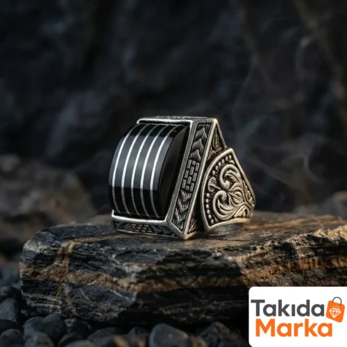 Kehribar Taşlı Yarma Gümüş Erkek Yüzük