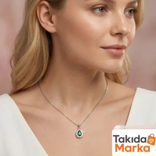 Yeşil Taşlı Damla Modeli Kadın Gümüş Kolye