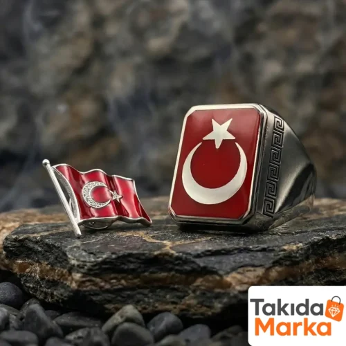 Ay Yıldız Gümüş Yüzük ve Rozet Set