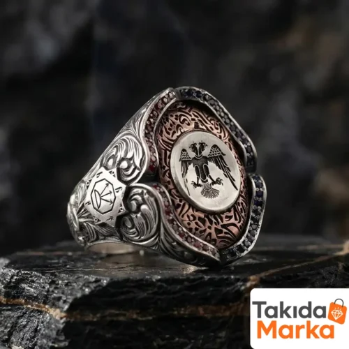 Desenli Çift Başlı Kartal Gümüş Erkek Yüzük
