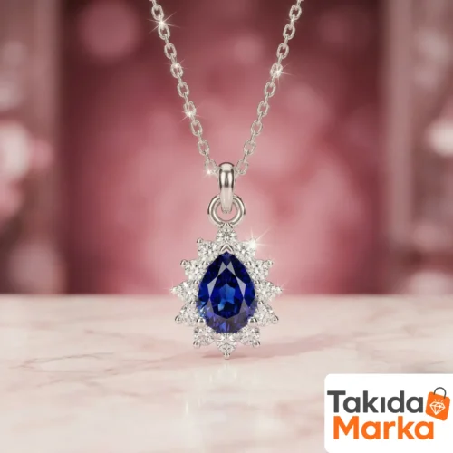 Lacivert Taşlı Damla Modeli Kadın Gümüş Kolye