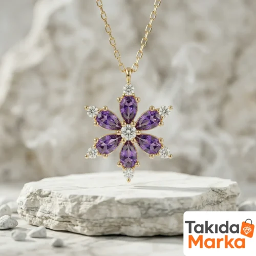 Altın Yaldızlı Mor Lotus Çiçeği Gümüş Kolye