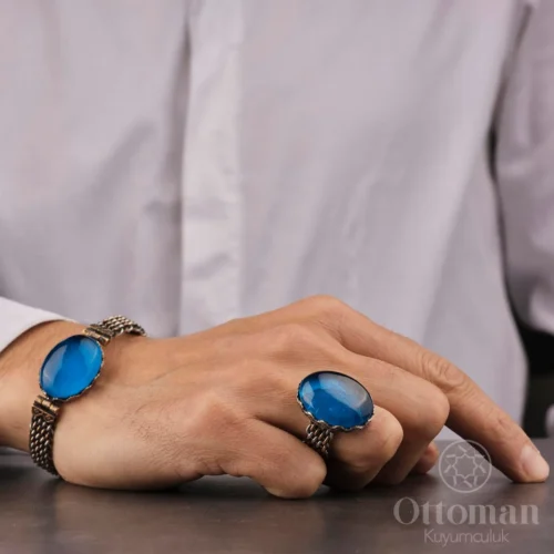 Kehribar Taşlı Üçlü Örme Gümüş Kadın Set
