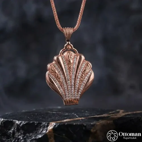 2 Midye Taşlı Kapaklı Rose Renk Gümüş Kadın Kolye