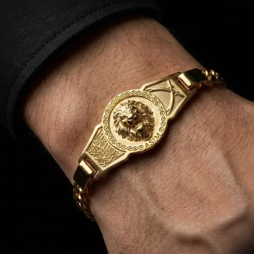 2 Aslan Figürlü Gold Kaplama Zülfikar Gümüş Bileklik