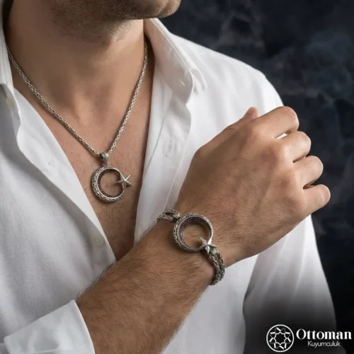 2 Ay Yıldız Gümüş Kolye ve Bileklik Set