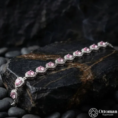 Pembe Taşlı Klasik Sıra Gümüş Kadın Bileklik