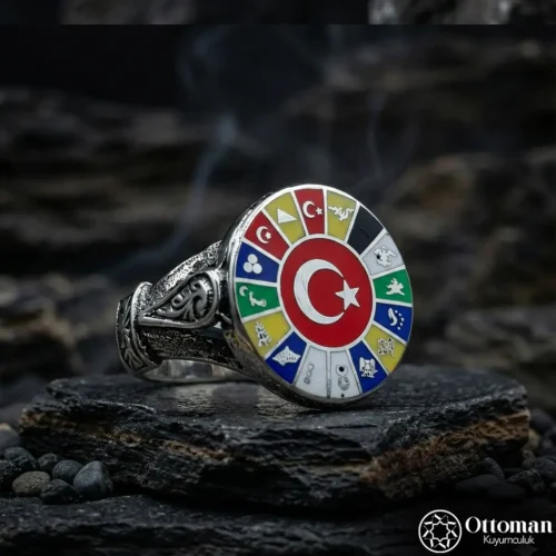 3 16 Türk Devleti Bayraklı Gümüş Yüzük
