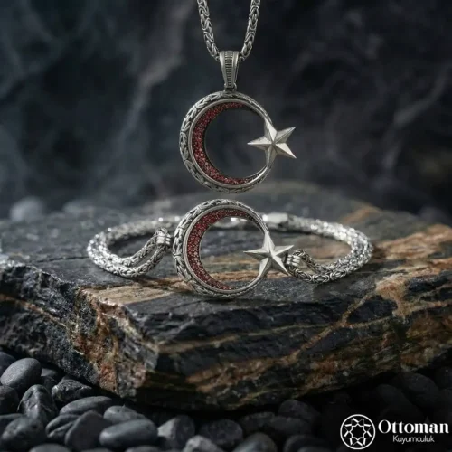 4 Ay Yıldız Gümüş Kolye ve Bileklik Set