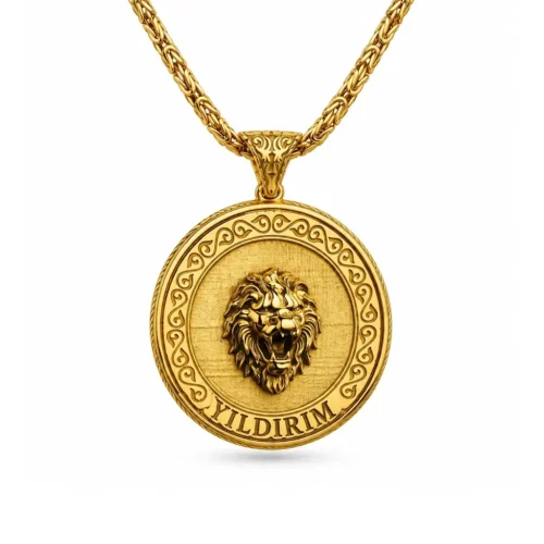 Aslan Kabartmalı Yaldızlı Madalyon Kolye Aslan Figürlü Zülfikarlı Gold Kaplama Gümüş Madalyon