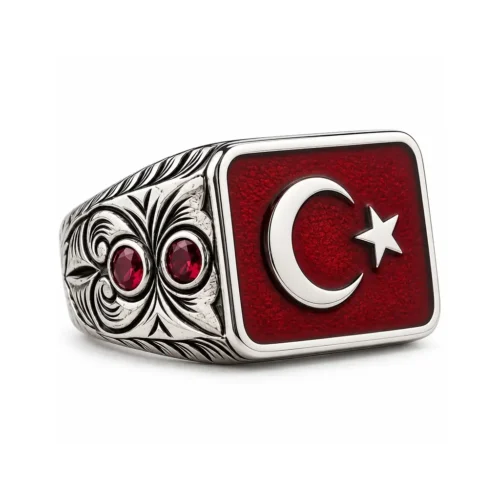Ay Yıldız Kırmızı Mineli Dikdörtgen Gümüş Yüzük