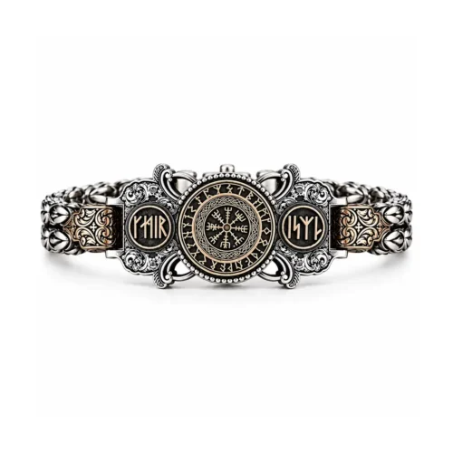 Brazalete Vikingo Ornado con Runas Viking Pusulası Gümüş Bileklik