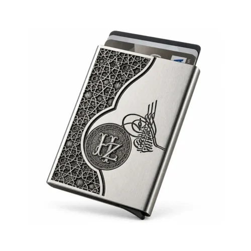 Gravürlü Gümüş Kartlık ve AZ Madalyonu Harfli ve Tuğralı Metal Kartlık