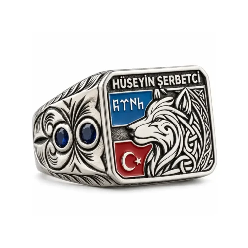 Hüseyin Şerbetci Kurt Motifli Gümüş Yüzük İsimli Göktürkçe Türk Yazılı Ay Yıldızlı ve Bozkurtlu Gümüş Yüzük