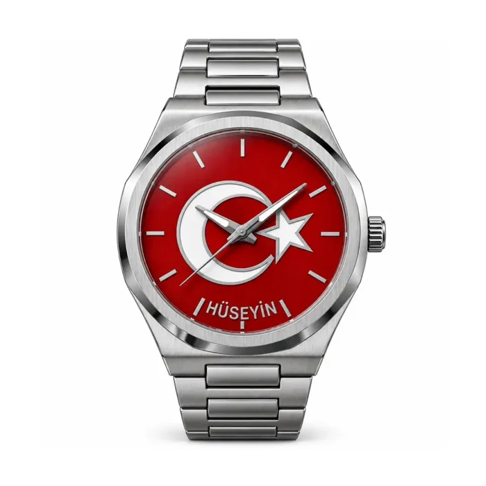 Kırmızı Kadranlı Gümüş Yıldızlı Saat Ay Yıldızlı ve İsimli Çelik Kol Saati