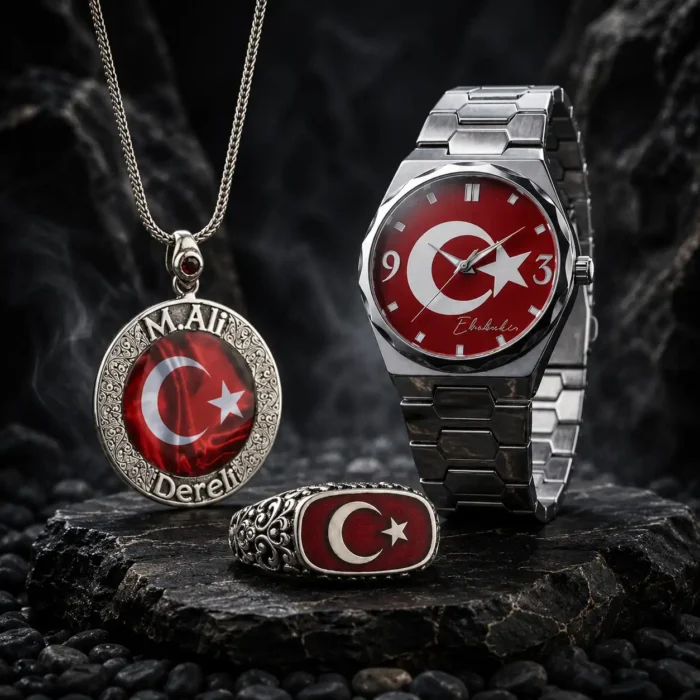 Ay Yıldız İsimli Gümüş Yüzük Kolye ve Kol Saati Seti