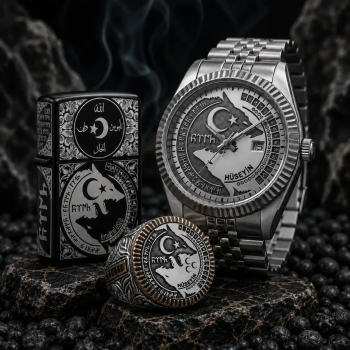 bozkurt set (1) (4) Bozkurt Saat Çakmak ve Gümüş Yüzük Set