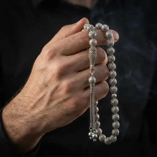 Küre Kesim Sarmaşık Ajur İşlemeli 925 Ayar Gümüş Tesbih (24 gr)