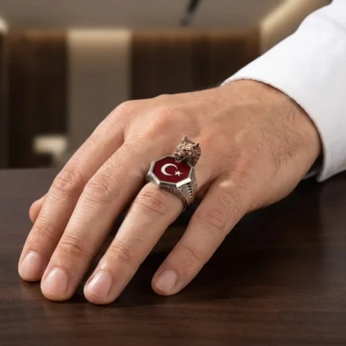 Bozkurt ve Ay Yıldız Motifli Gümüş Erkek Yüzük