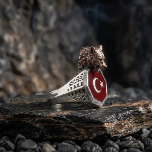 Bozkurt ve Ay Yıldız Motifli Gümüş Erkek Yüzük