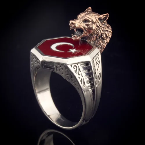 Bozkurt ve Ay Yıldız Motifli Gümüş Erkek Yüzük