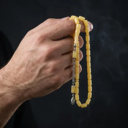 Damla Kehribar Kapsül Kesim Gümüş Püsküllü Tesbih