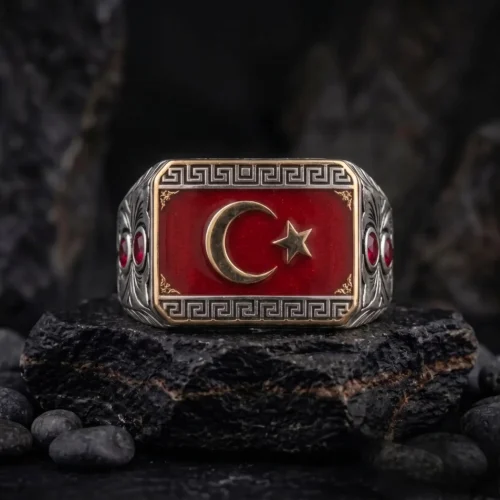 ottomangumus22 (3) Kırmızı Mineli Ay Yıldızlı Gümüş Erkek Yüzük